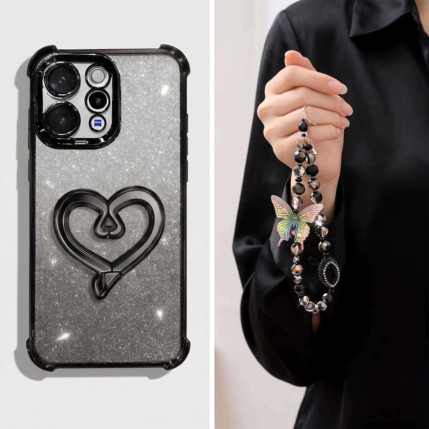 Vivo V70 5G Luxury Shimmer Airbag Heart Stand Case with Charm Strap