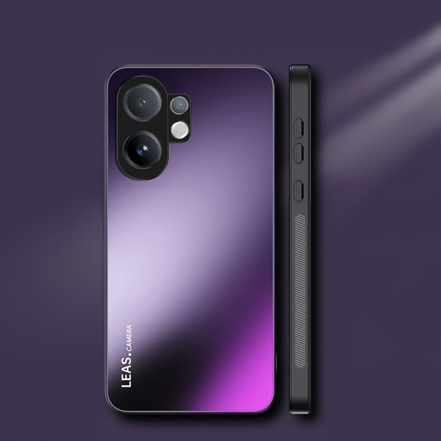 Vivo V60 5G Smartphone case with purple gradient back and black frame on a dark purple background