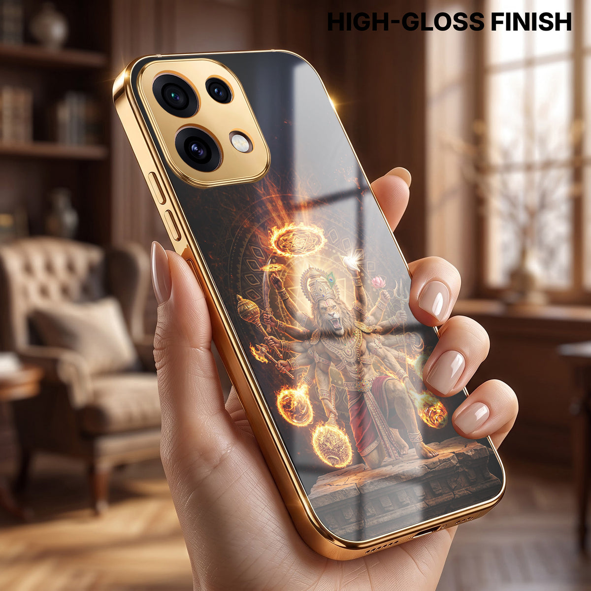 Oppo Reno 16C 5G Lord Narasimha Gold Electroplated Glass Phone Back Case