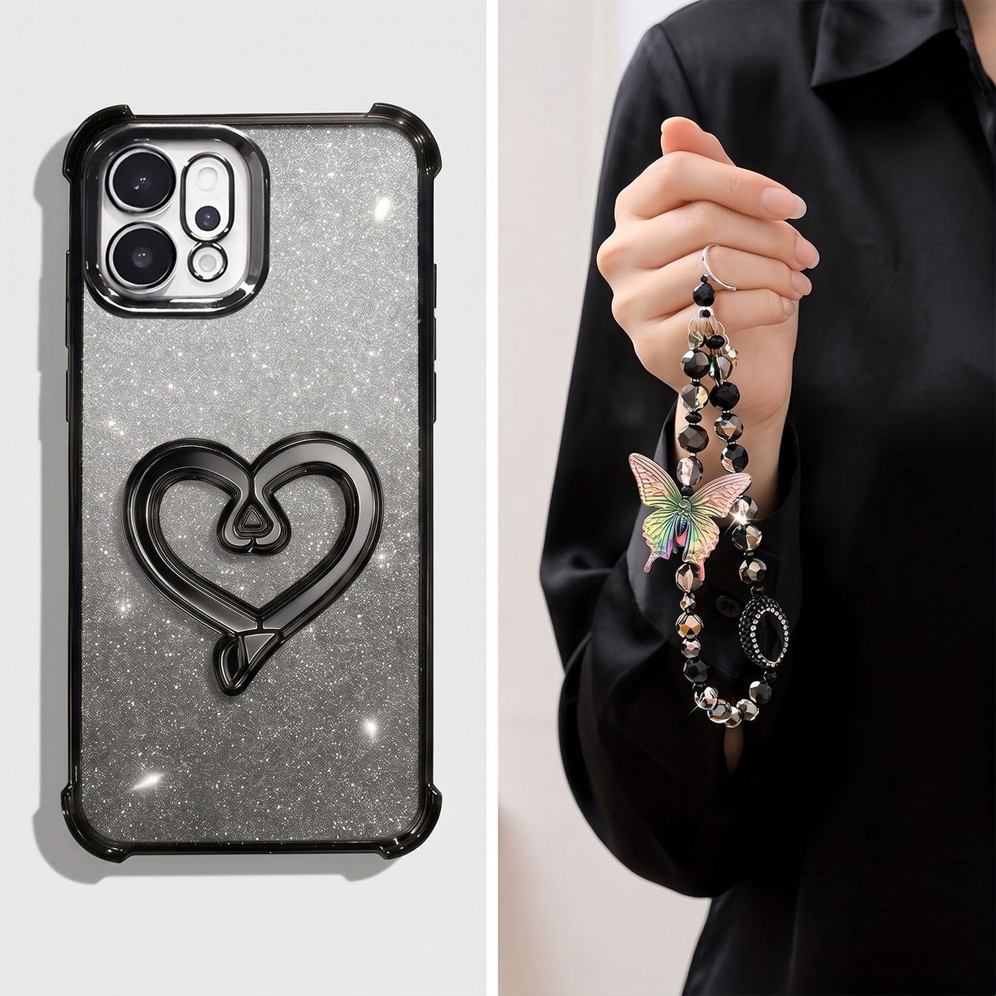 Oppo Reno 14 5G Luxury Shimmer Airbag Heart Stand Case with Charm Strap