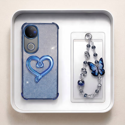 Vivo V50 5G Luxury Shimmer Airbag Heart Stand Case with Charm Strap