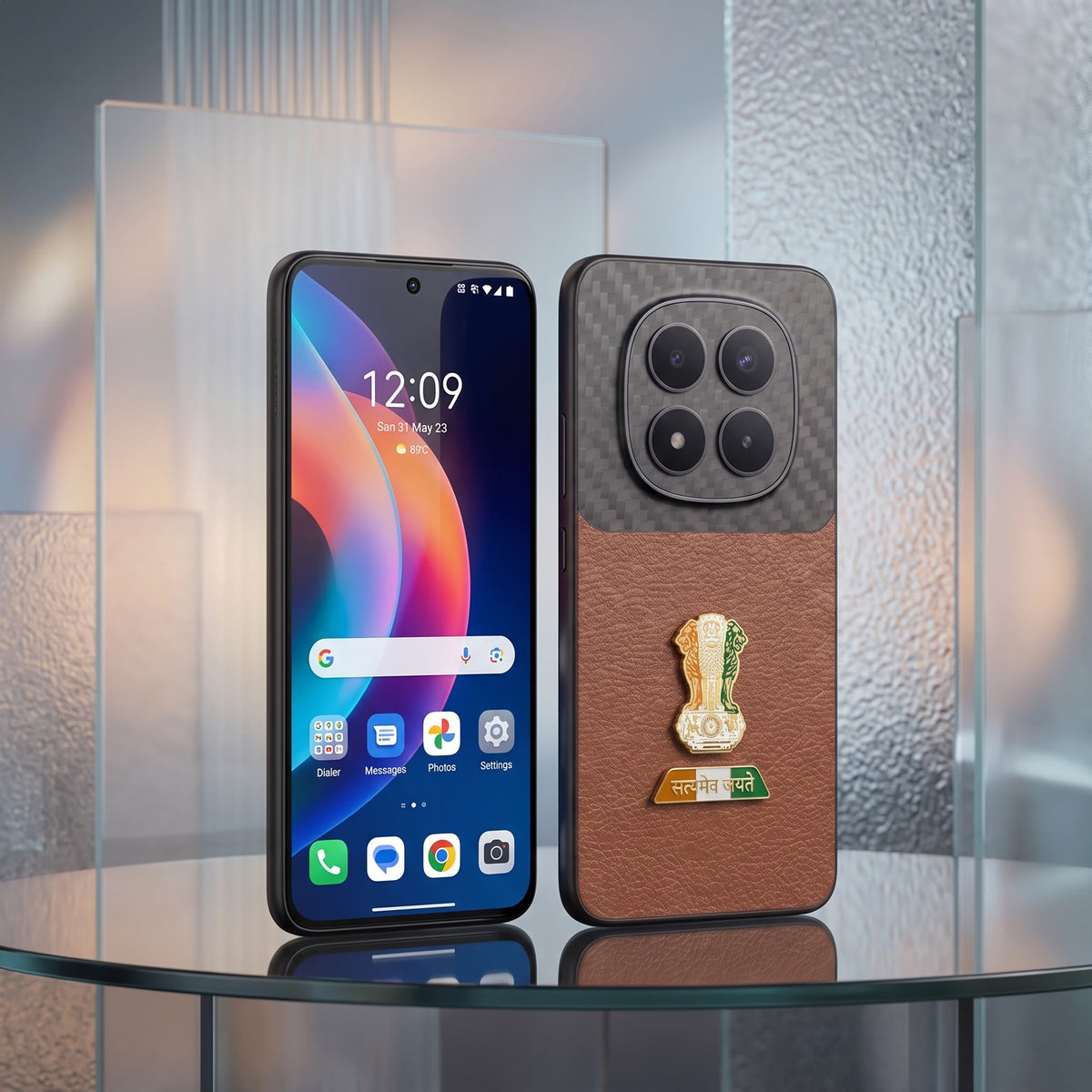 Redmi Note 15 Pro+ Tri-Color Satyamev Jayate Carbon Fiber Leather Hybrid Phone Case