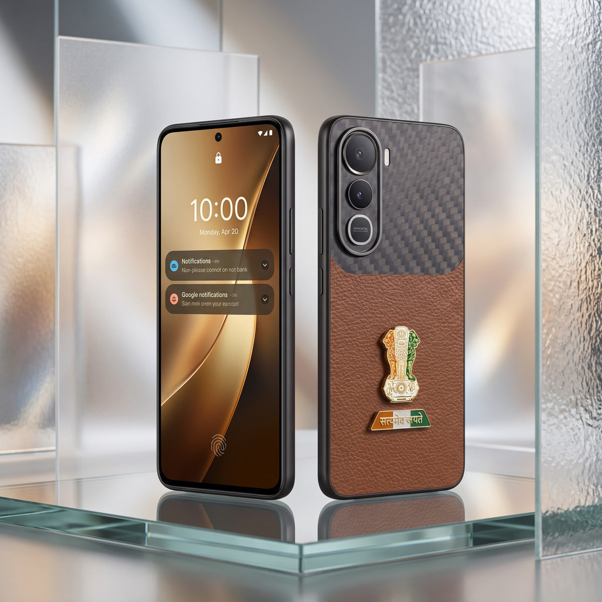 Vivo Y400 Pro 5G Tri-Color Satyamev Jayate Carbon Fiber Leather Hybrid Phone Case