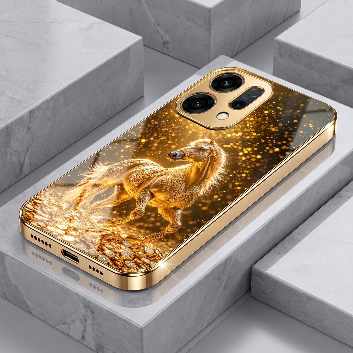Oppo Reno 14 5G Golden Horse Sparkle Gold Electroplated Glass Phone Back Case