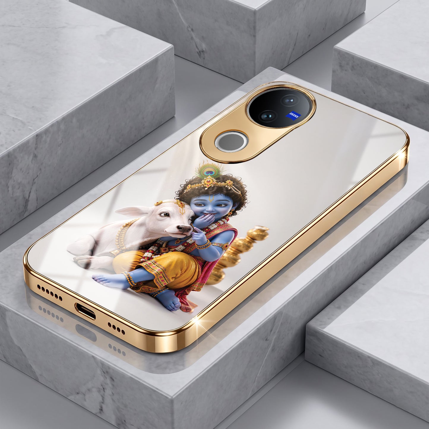 Vivo V50 5G Bal Krishna Blessings Gold Electroplated Glass Phone Back Case