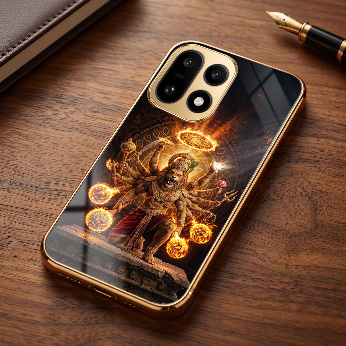 OnePlus 15 5G Lord Narasimha Gold Electroplated Glass Phone Back Case