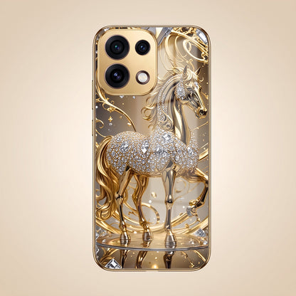 Oppo Reno 16C 5G Luxury Horse Texture Gold Electroplated Glass Phone Back Case