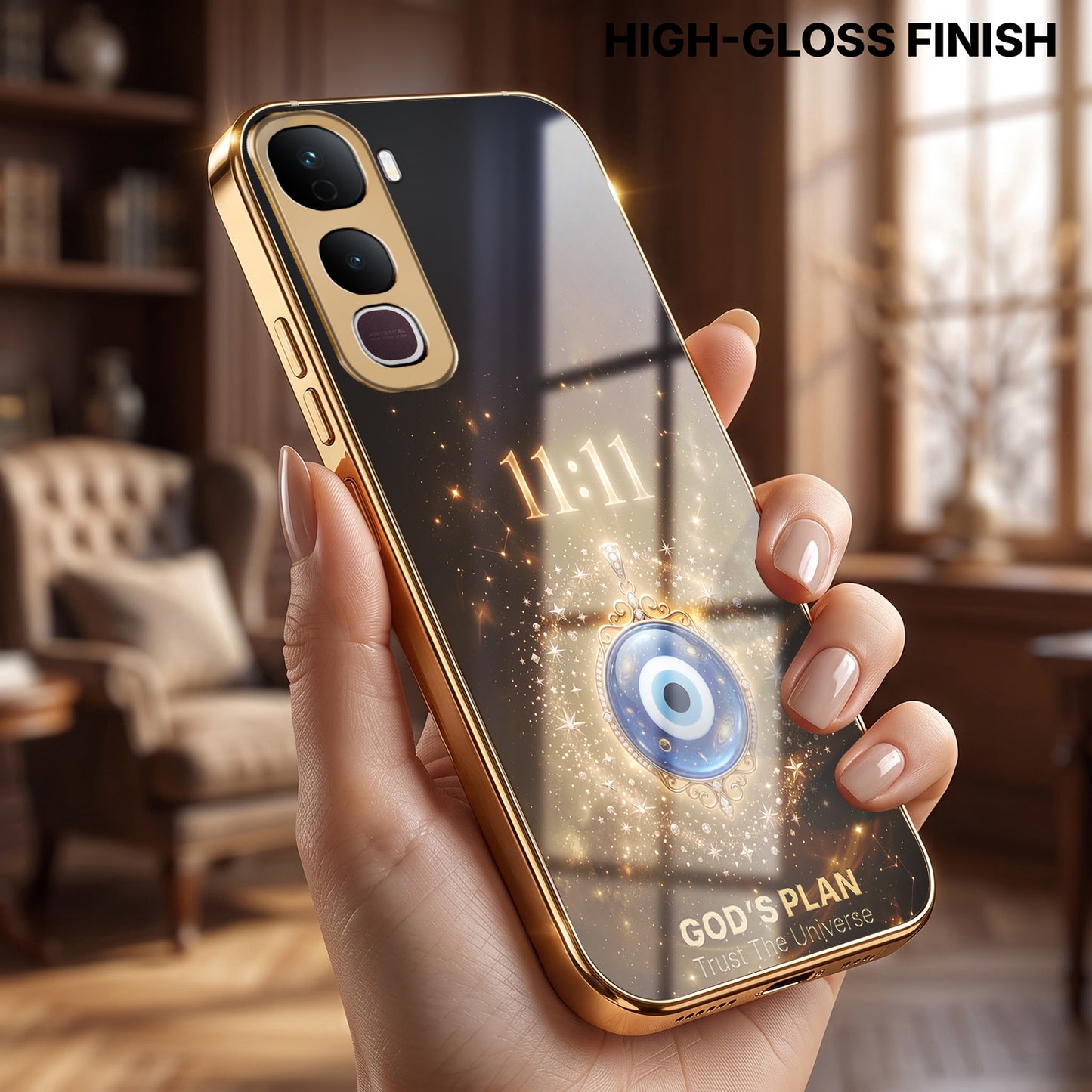 Vivo Y400 Pro God’s Plan Evil Eye Gold Electroplated Glass Phone Back Case