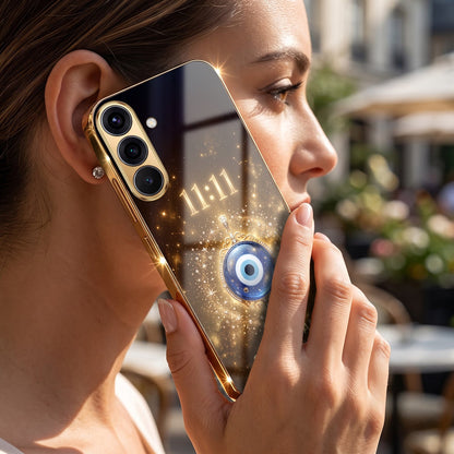Samsung Galaxy A56 5G God’s Plan Evil Eye Gold Electroplated Glass Phone Back Case