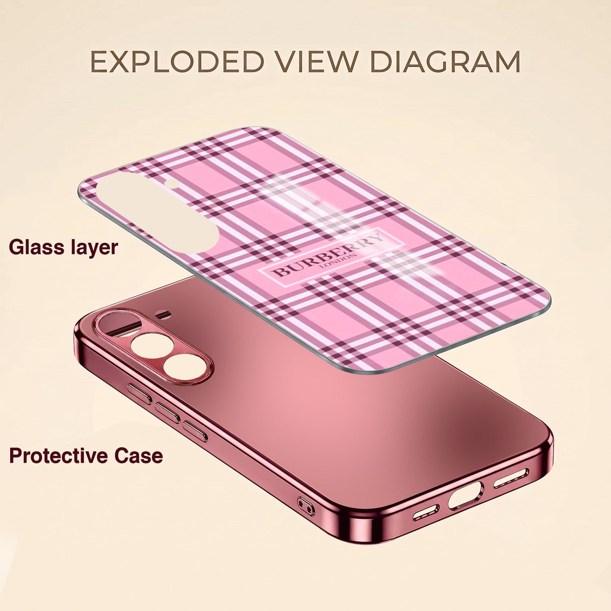 Samsung Galaxy A56 5G Burberry Classic Pink Electroplated Glass Phone Back Case