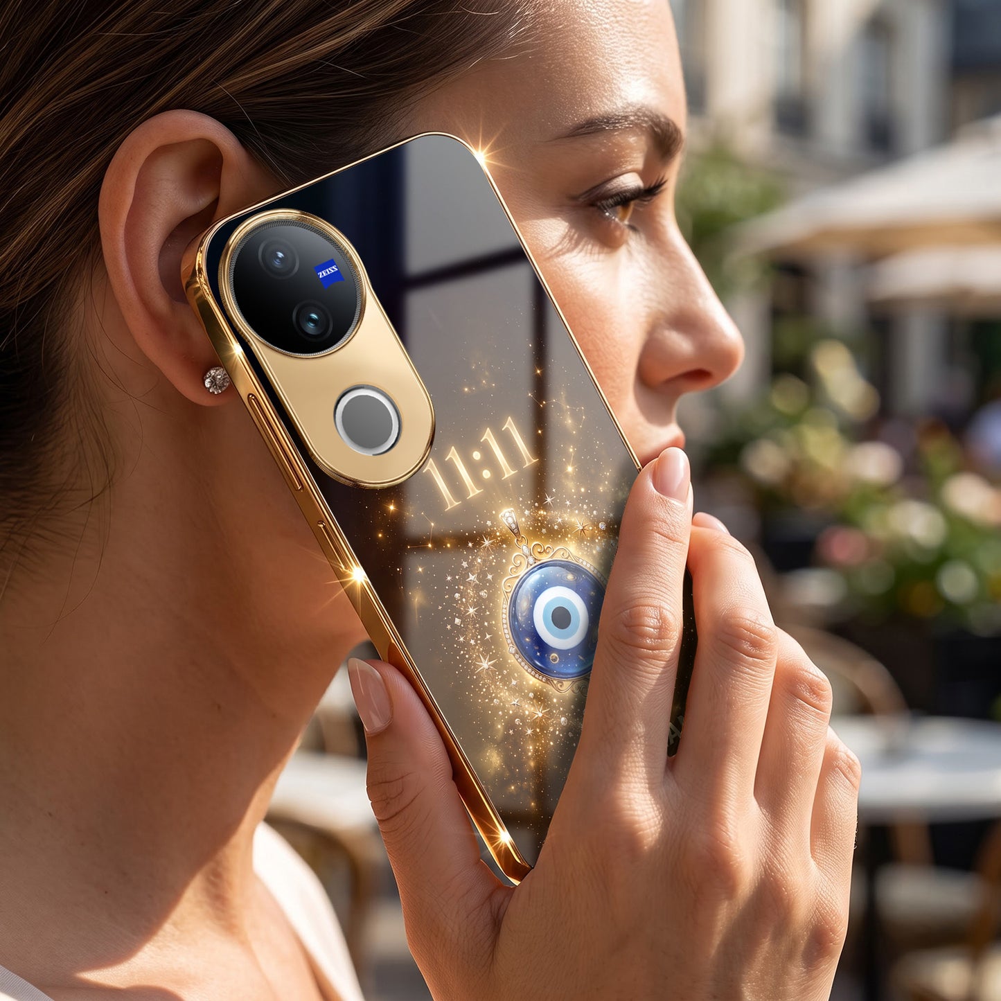 Vivo V50 5G God’s Plan Evil Eye Gold Electroplated Glass Phone Back Case