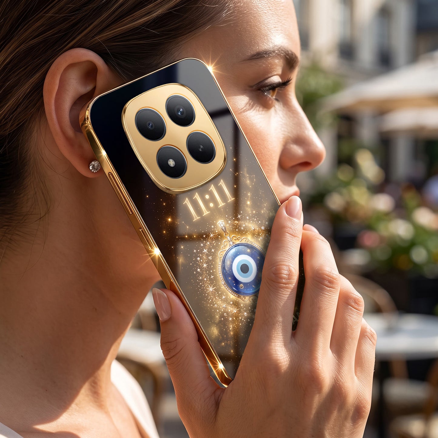 Redmi Note 15 Pro Plus 5G God’s Plan Evil Eye Gold Electroplated Glass Phone Back Case