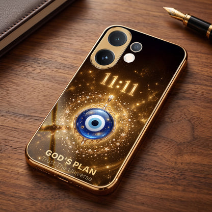 Vivo V60 5G God’s Plan Evil Eye Gold Electroplated Glass Phone Back Case