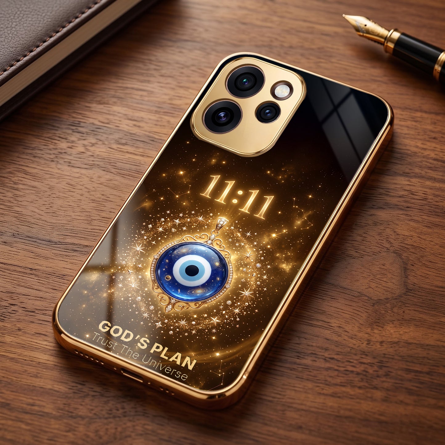 Oppo Reno 15 Pro Mini 5G God’s Plan Evil Eye Gold Electroplated Glass Phone Back Case