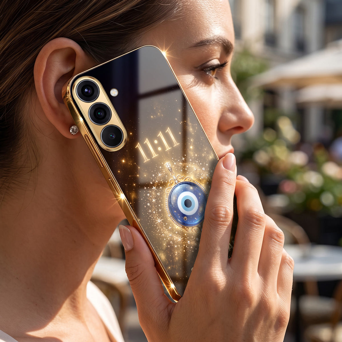 Samsung Galaxy A36 5G God’s Plan Evil Eye Gold Electroplated Glass Phone Back Case