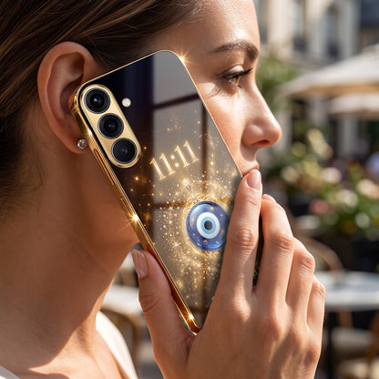Samsung Galaxy A36 5G God’s Plan Evil Eye Gold Electroplated Glass Phone Back Case