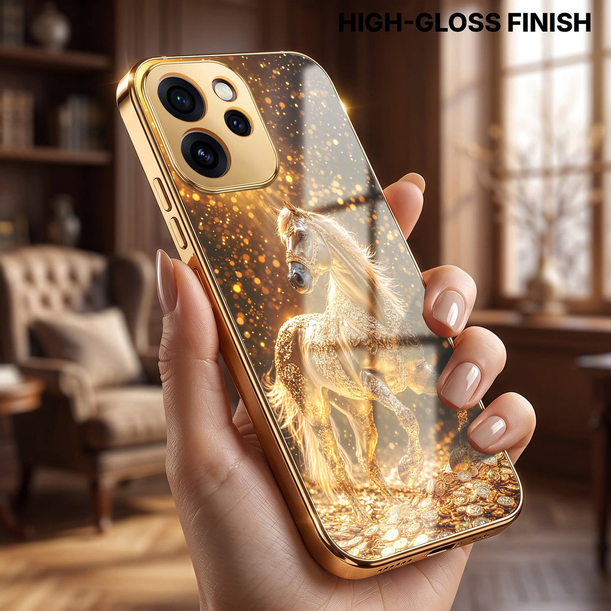 Oppo Reno 15 Pro Mini 5G Golden Horse Sparkle Gold Electroplated Glass Phone Back Case