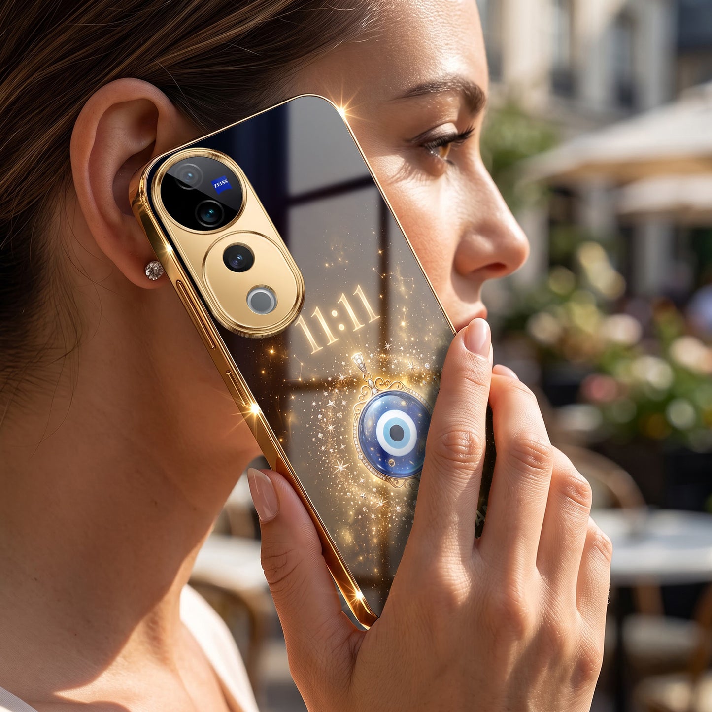 Vivo V40 Pro 5G God’s Plan Evil Eye Gold Electroplated Glass Phone Back Case