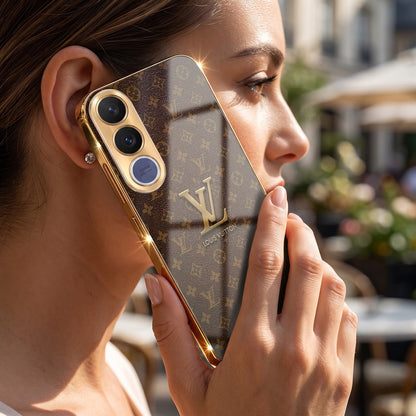 Vivo V70 FE 5G LV Brown Monogram Gold Electroplated Glass Phone Back Case