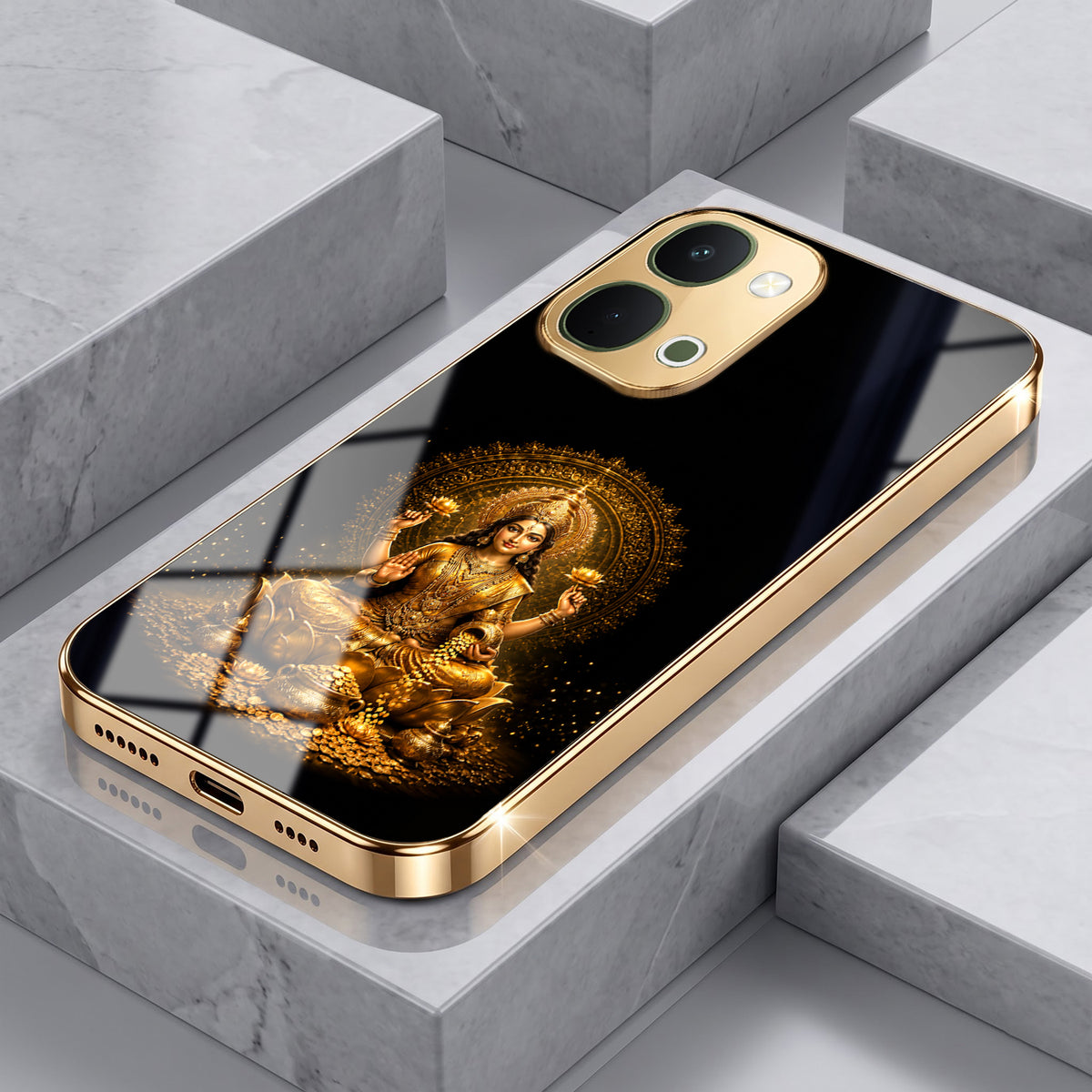 Vivo T5x 5G Golden Maa Lakshmi Gold Electroplated Glass Phone Back Case
