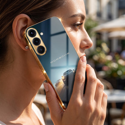 Samsung Galaxy A36 5G Porsche Luxury Gold Electroplated Glass Phone Back Case