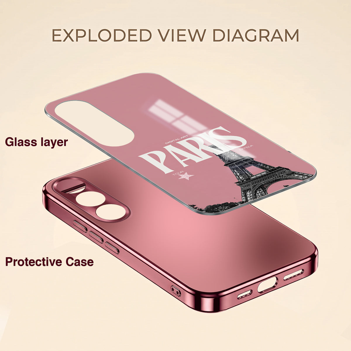 Vivo V70 FE 5G Luxury Paris Tower Pink Electroplated Glass Phone Back Case