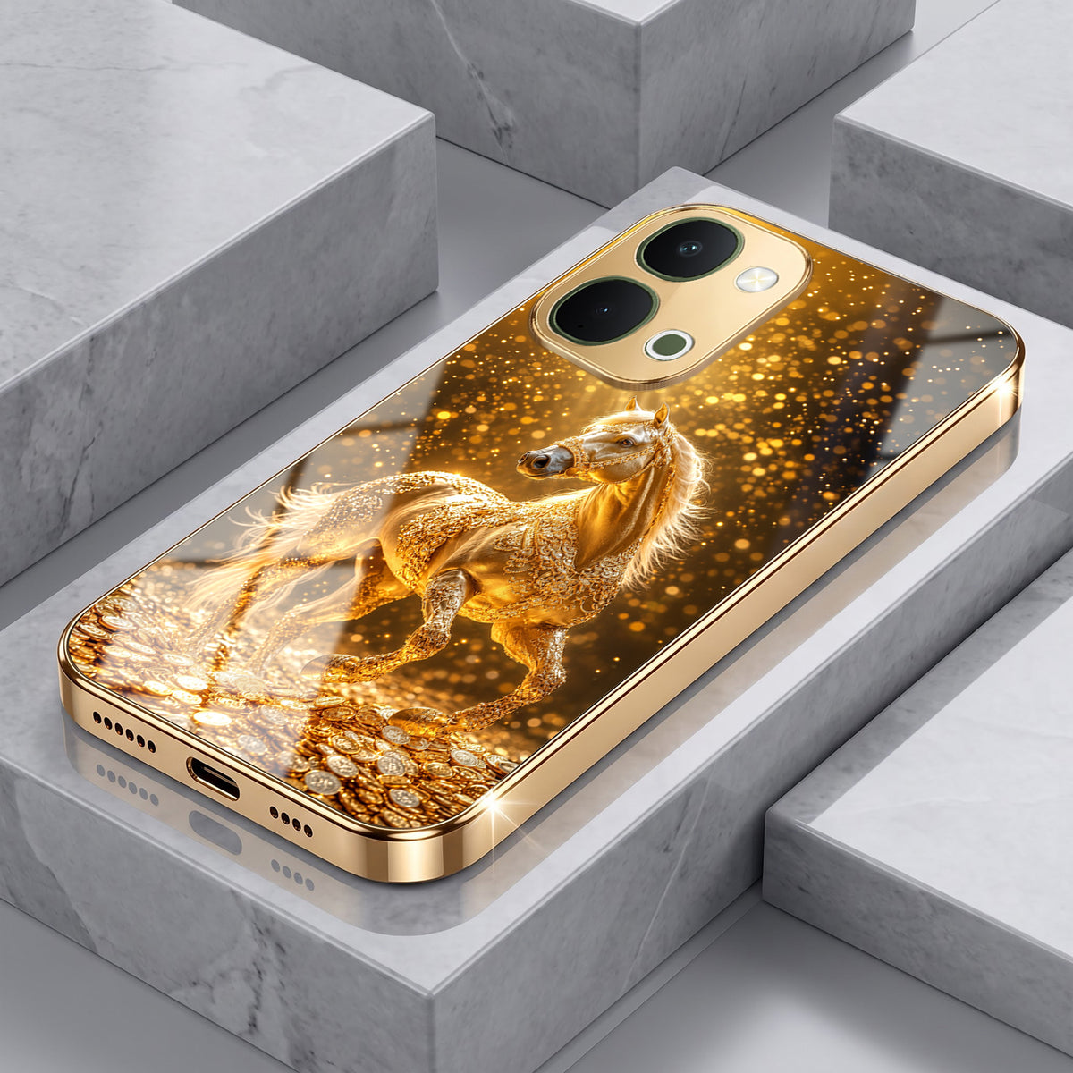 Vivo T5x 5G Golden Horse Sparkle Gold Electroplated Glass Phone Back Case