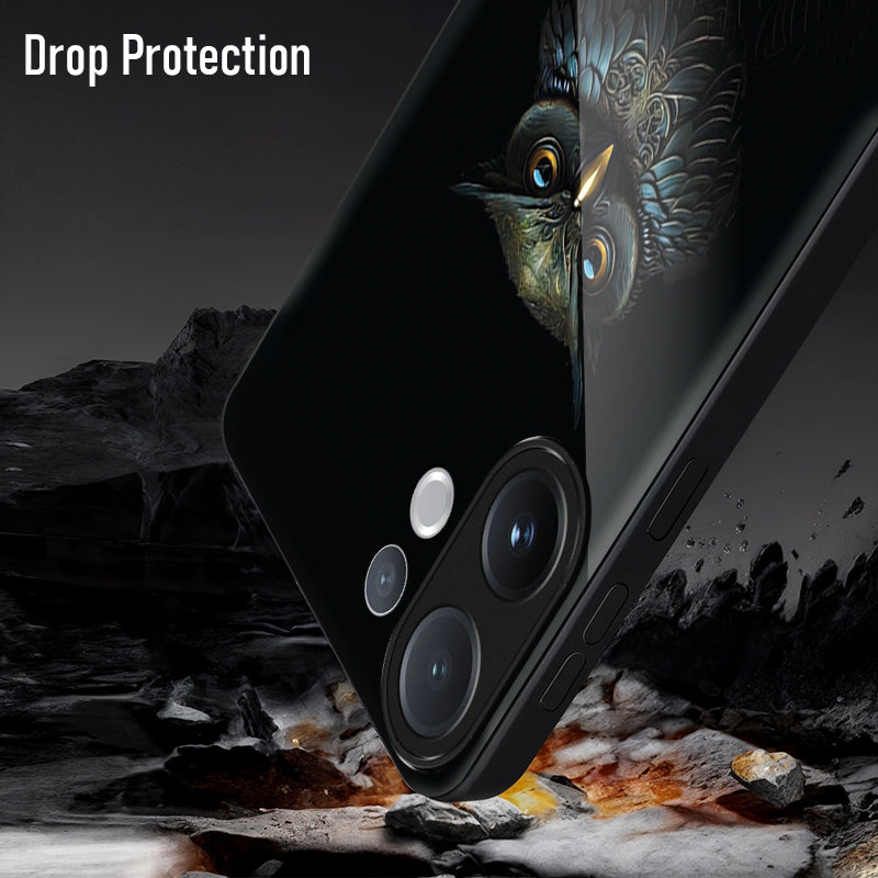 Vivo V60 5G Phone case with owl design on a rocky background, emphasizing drop protection.