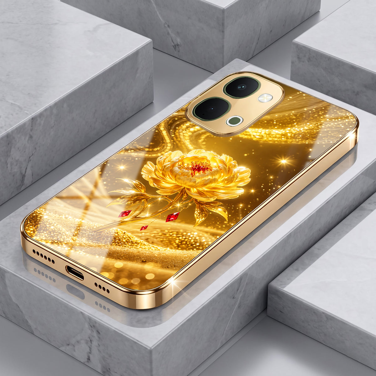 Vivo T5x 5G Golden Rose Elegance Gold Electroplated Glass Phone Back Case