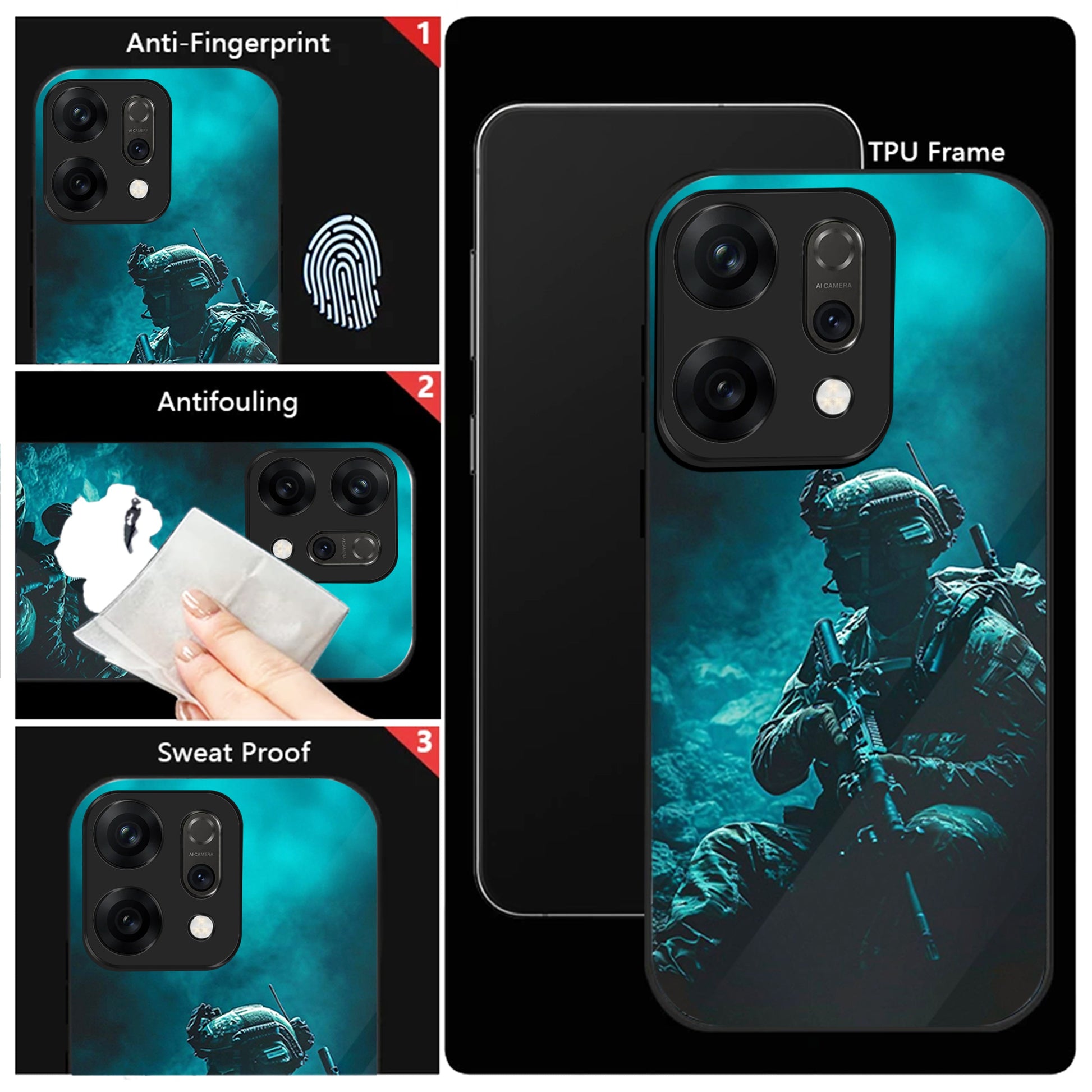 Phone case with soldier design and feature cards on a black background