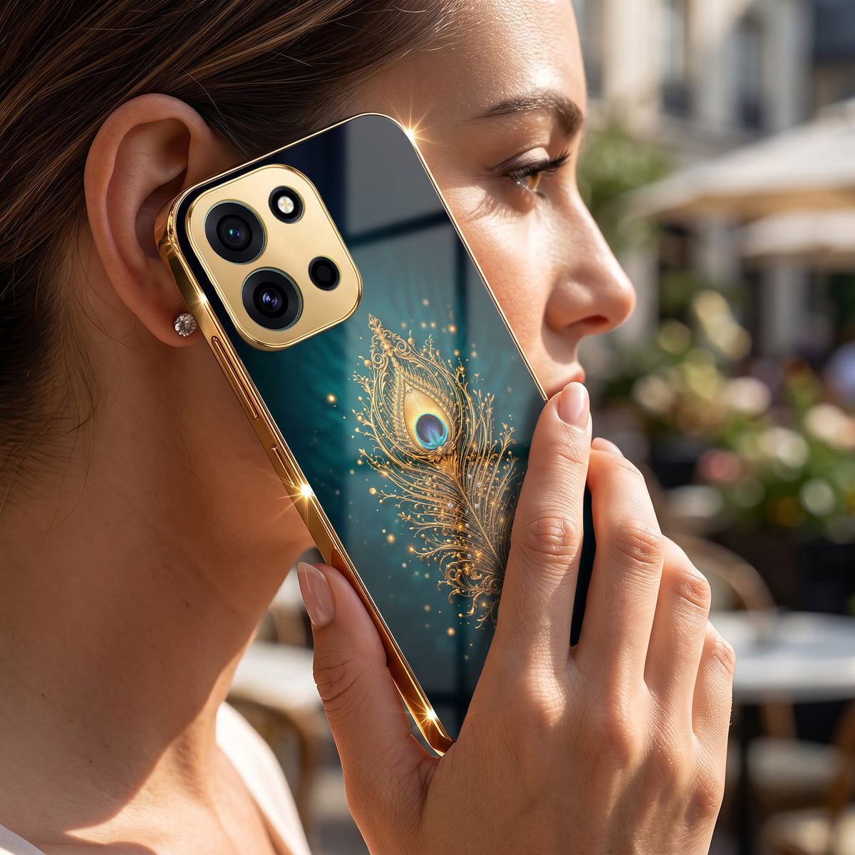 OnePlus Nord 6 5G Golden Peacock Feather Gold Electroplated Glass Phone Back Case