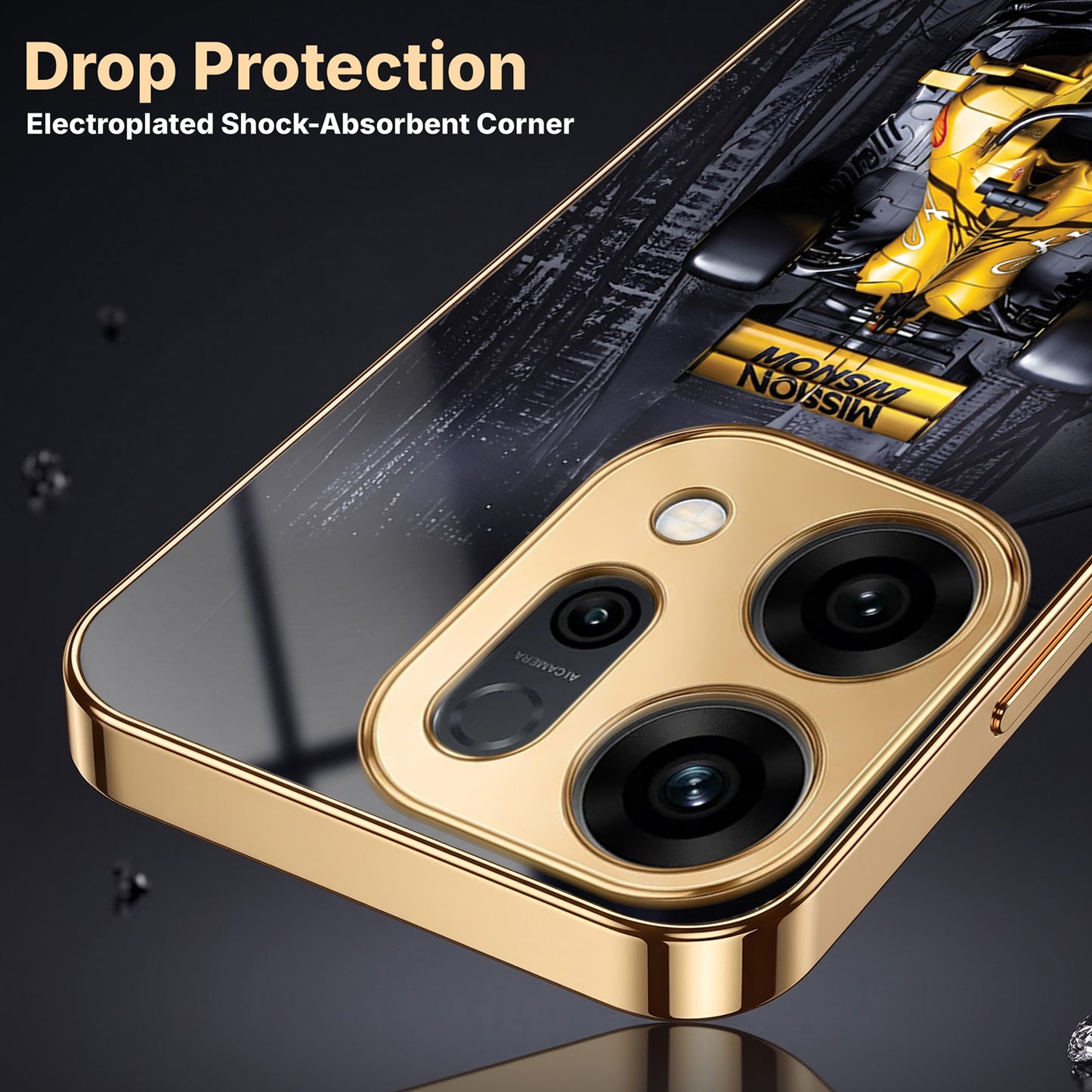 Oppo Reno 14 5G F1 Racing Car Gold Electroplated Glass Phone Back Case