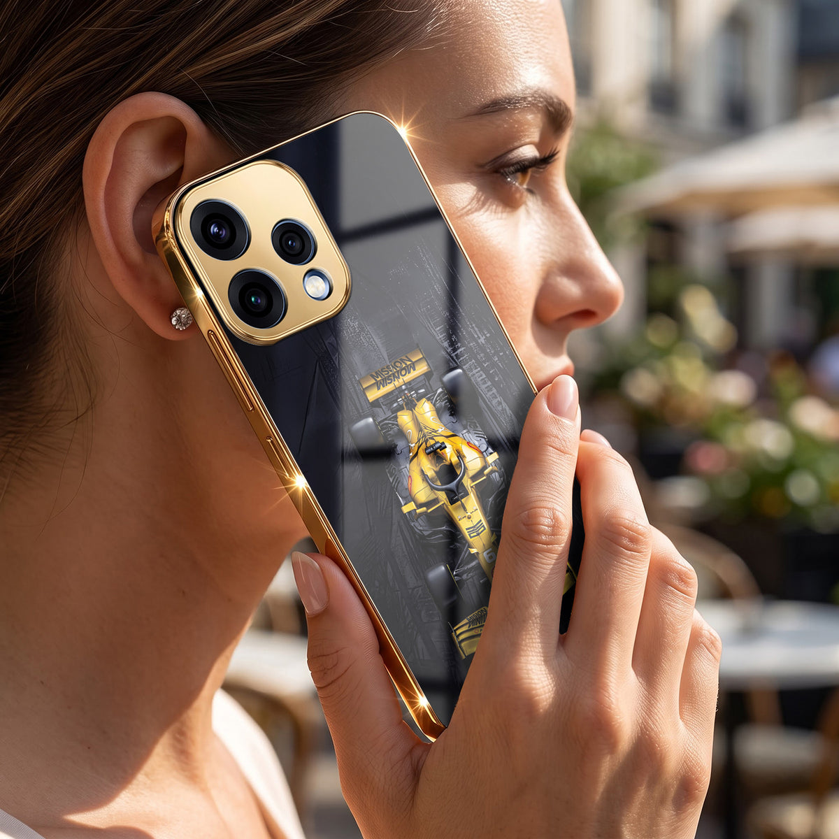 Oppo Reno 15 5G F1 Racing Car Gold Electroplated Glass Phone Back Case