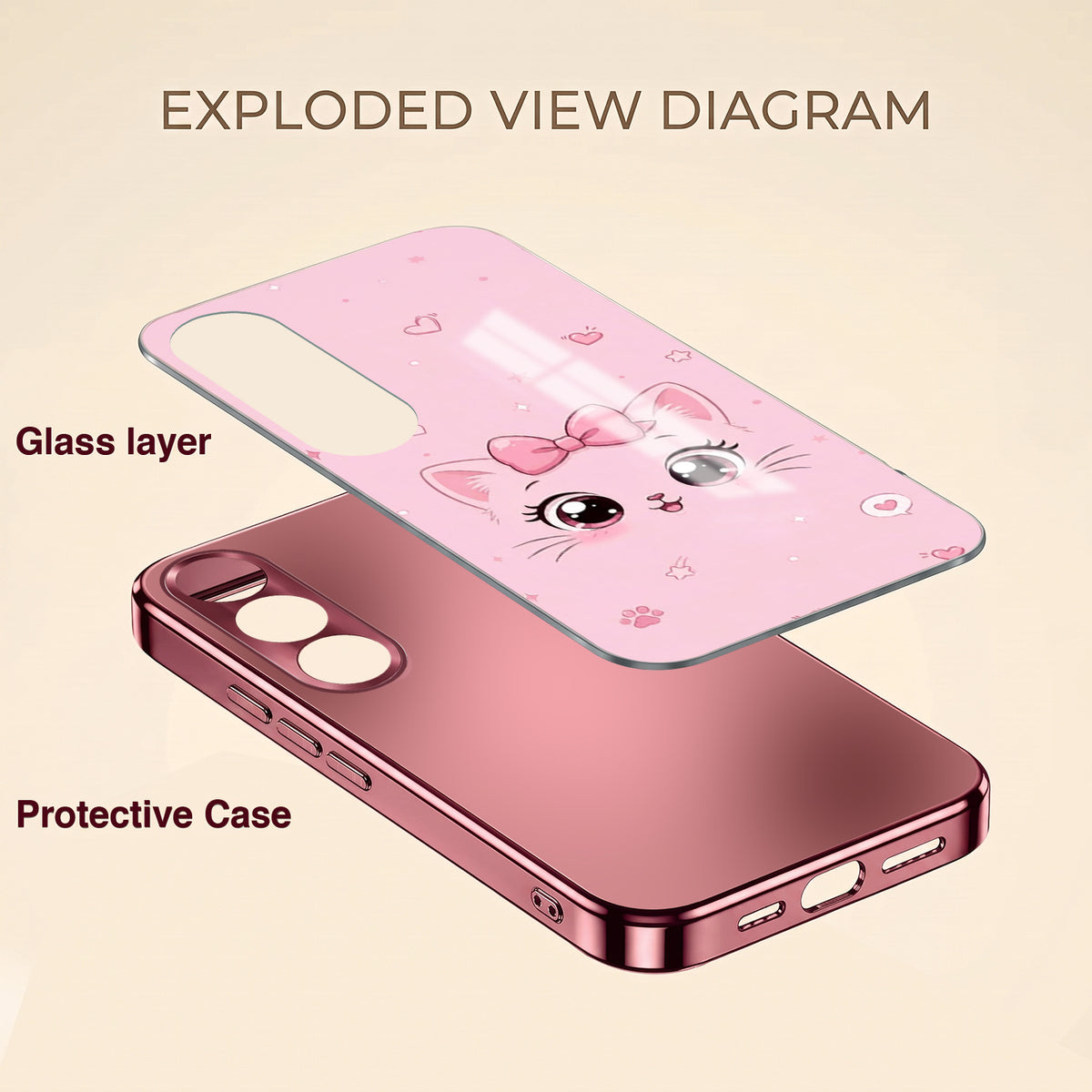 Vivo V70 FE 5G Luxury Cute Cat Pink Electroplated Glass Phone Back Case
