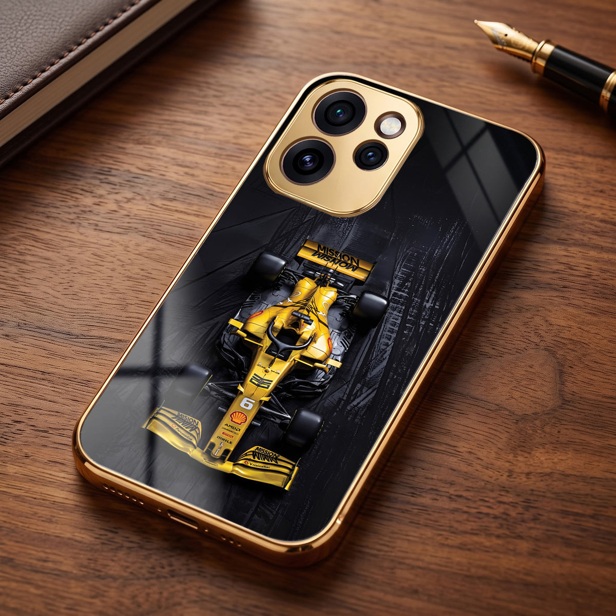 Oppo Reno 15 Pro Mini 5G F1 Racing Car Gold Electroplated Glass Phone Back Case