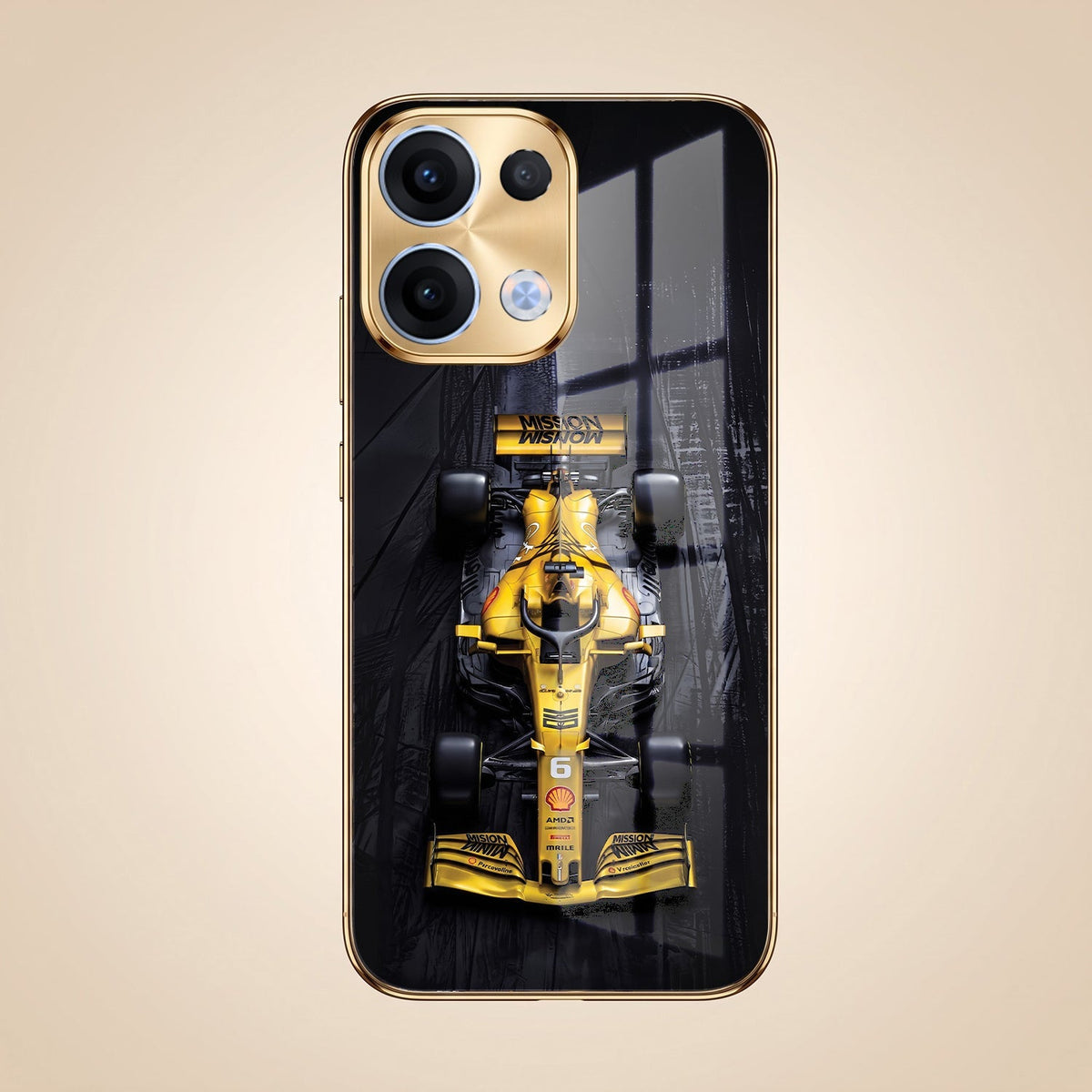 Oppo Reno 13 5G F1 Racing Car Gold Electroplated Glass Phone Back Case