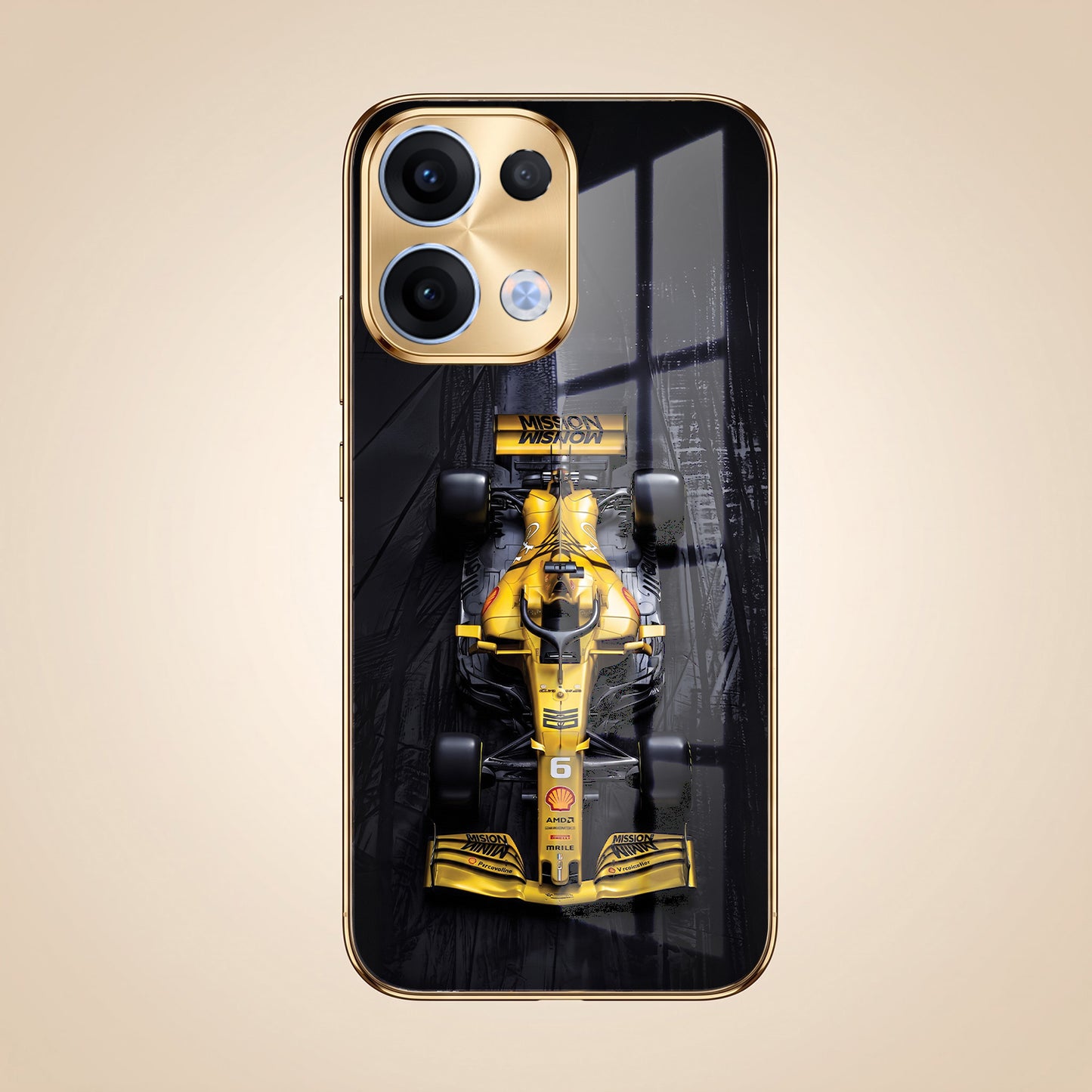 Oppo Reno 13 5G F1 Racing Car Gold Electroplated Glass Phone Back Case