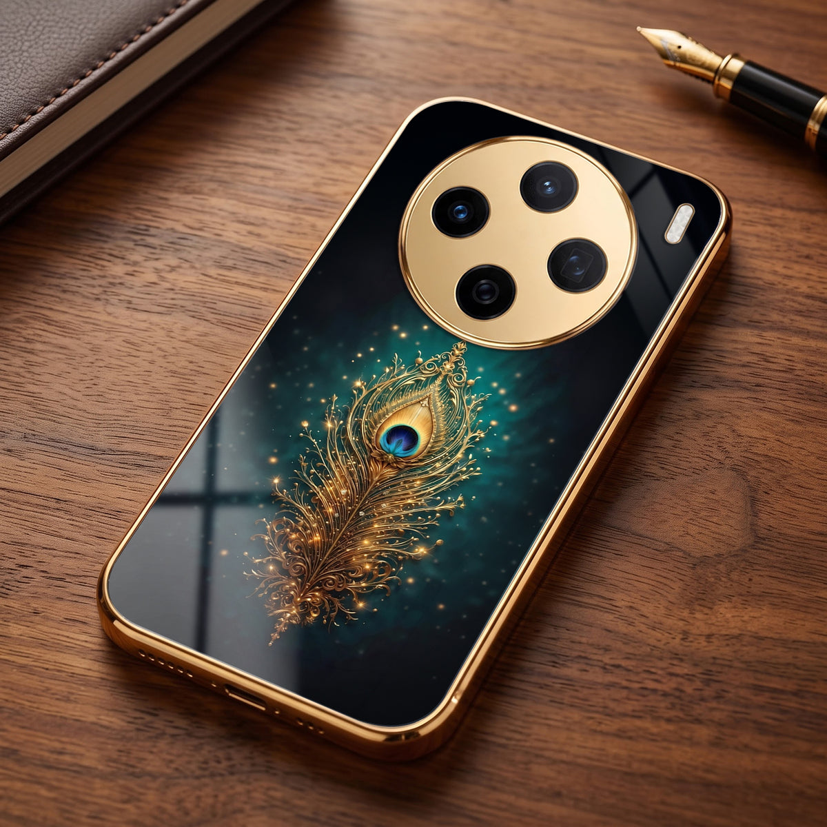Vivo X200 5G Golden Peacock Feather Gold Electroplated Glass Phone Back Case