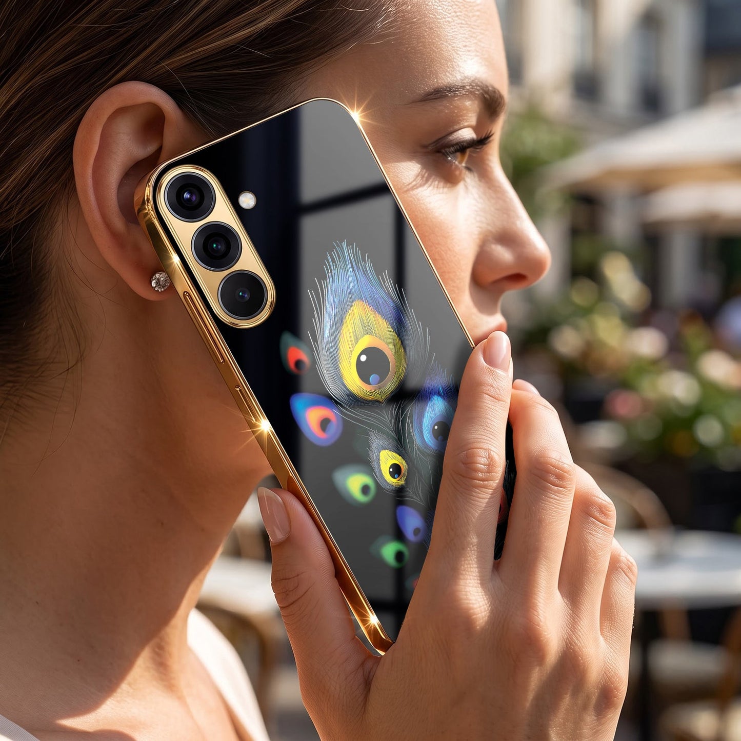 Samsung Galaxy A56 5G Premium Peacock Feather Gold Electroplated Glass Phone Back Case