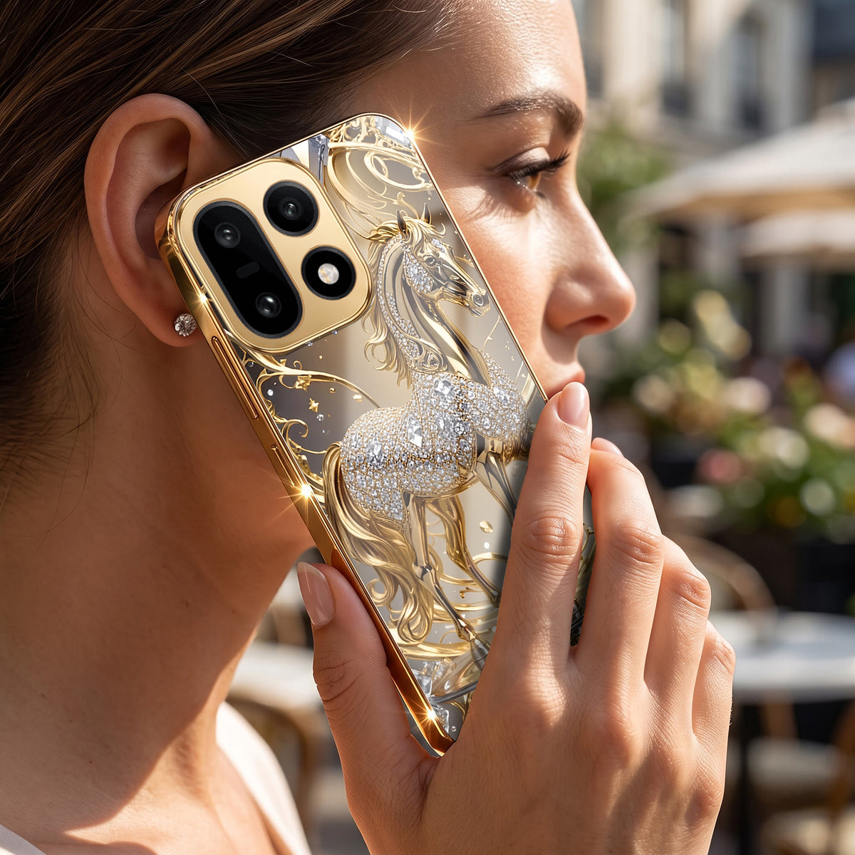 OnePlus 15 5G Luxury Horse Texture Gold Electroplated Glass Phone Back Case