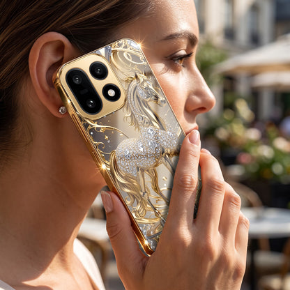 OnePlus 15 5G Luxury Horse Texture Gold Electroplated Glass Phone Back Case