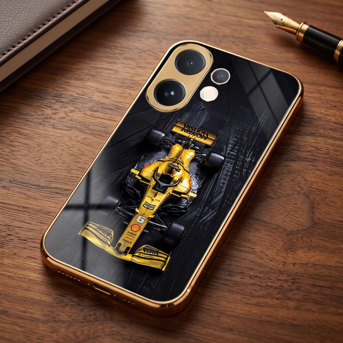 Vivo V60e 5G F1 Racing Car Gold Electroplated Glass Phone Back Case