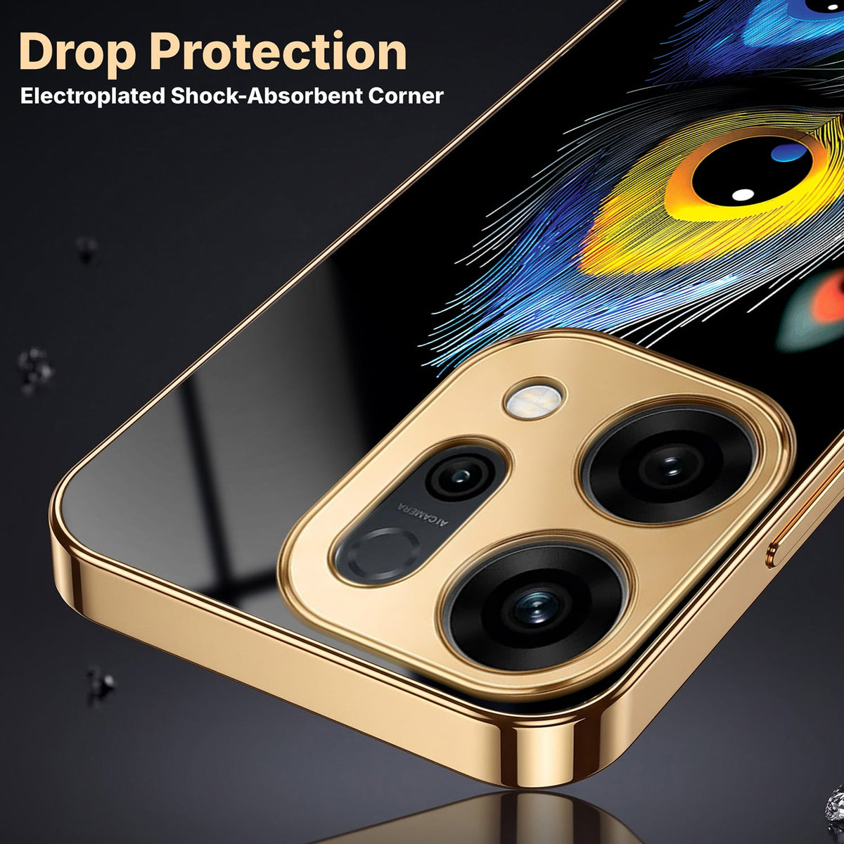 Oppo Reno 14 5G Premium Peacock Feather Gold Electroplated Glass Phone Back Case