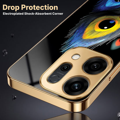 Oppo Reno 14 5G Premium Peacock Feather Gold Electroplated Glass Phone Back Case