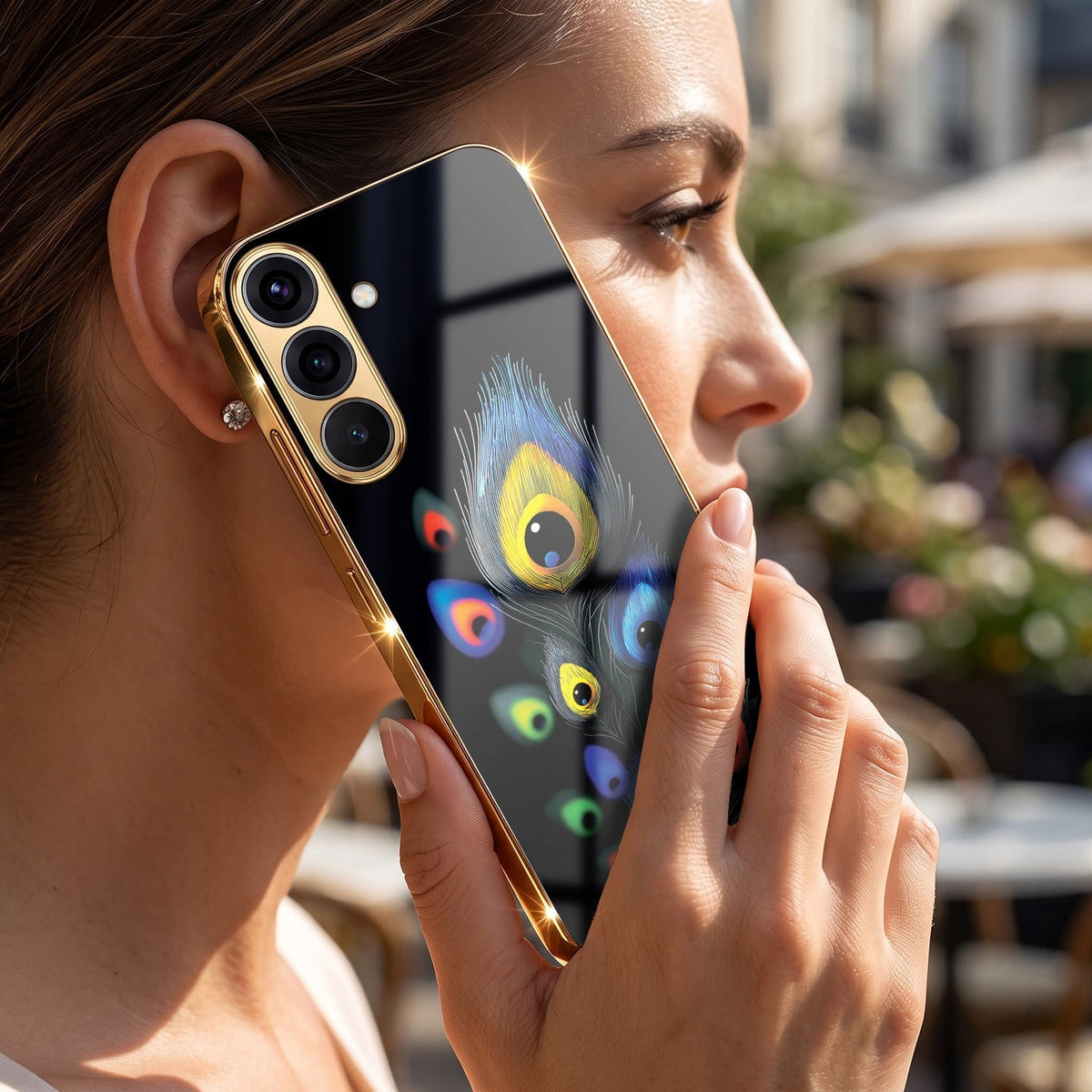 Samsung Galaxy A36 5G Multi-Feather Peacock Gold Electroplated Glass Phone Back Case