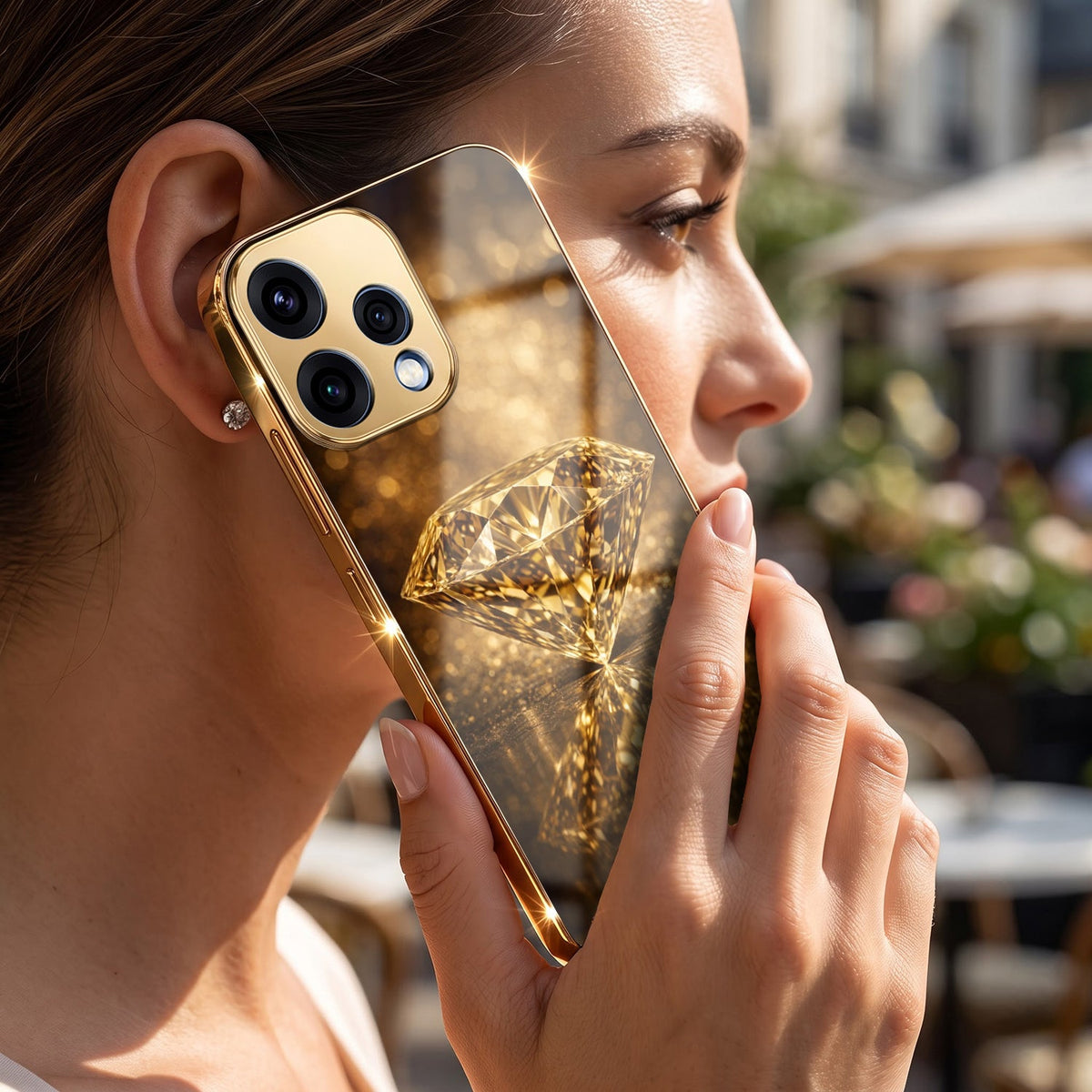Oppo Reno 15 5G Golden Diamond Gold Electroplated Glass Phone Back Case