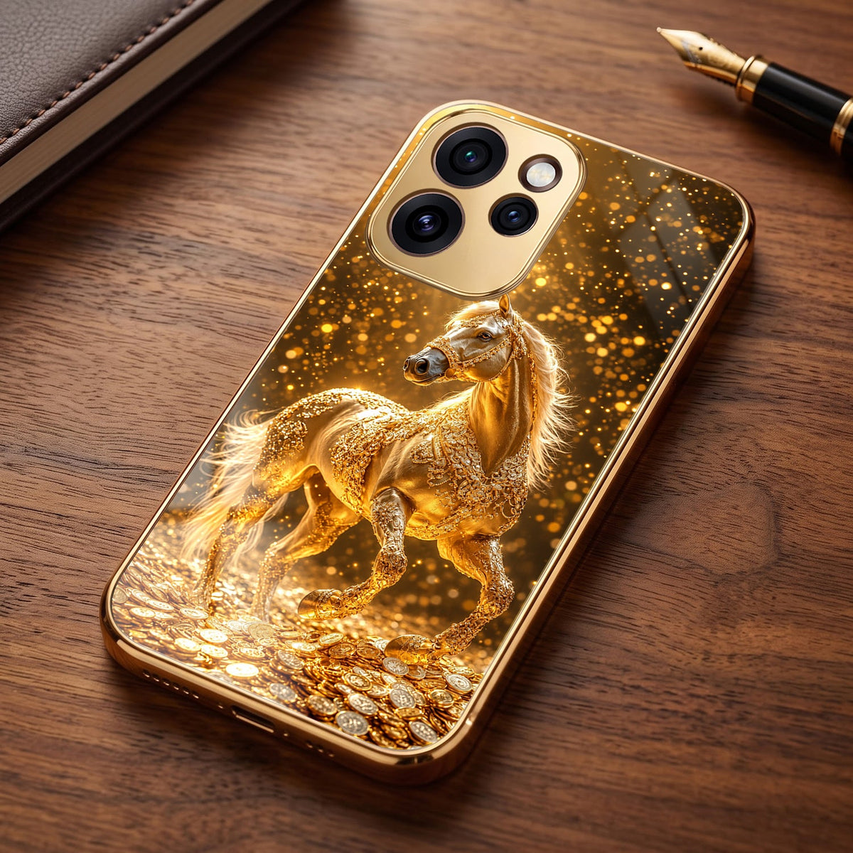 Oppo Reno 15 Pro Mini 5G Golden Horse Sparkle Gold Electroplated Glass Phone Back Case