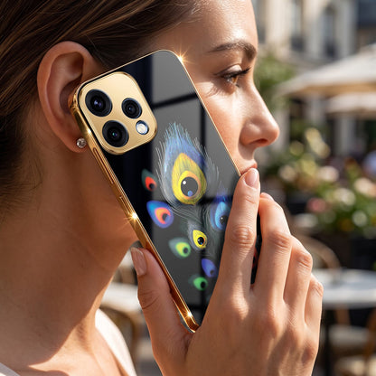 Oppo Reno 15 5G Premium Peacock Feather Gold Electroplated Glass Phone Back Case