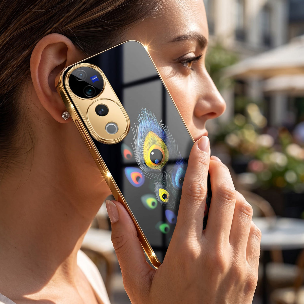 Vivo V40 Pro 5G Premium Peacock Feather Gold Electroplated Glass Phone Back Case