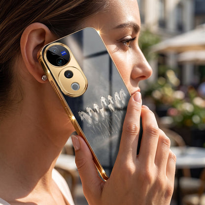 Vivo V40 Pro 5G Running Horses Gold Electroplated Glass Phone Back Case